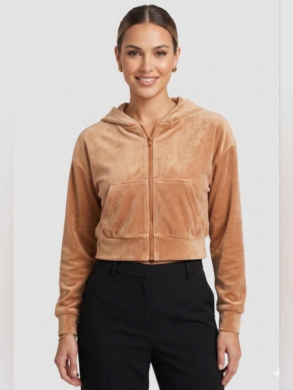 5 For $25✨️ Velour Beige Zipup Cropped Hoodie Y2k Extra Small Xs - Small Sweater